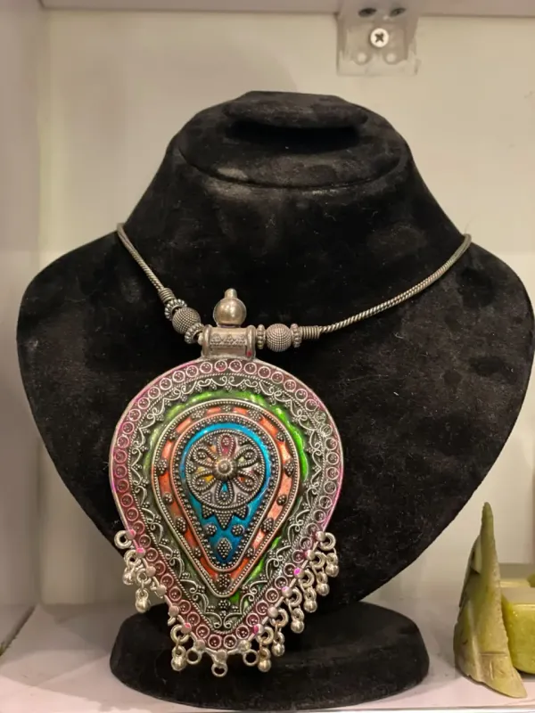 Tribal Silver Enamel Pendant Necklace — Handcrafted Teardrop Pendant with Bell Drops