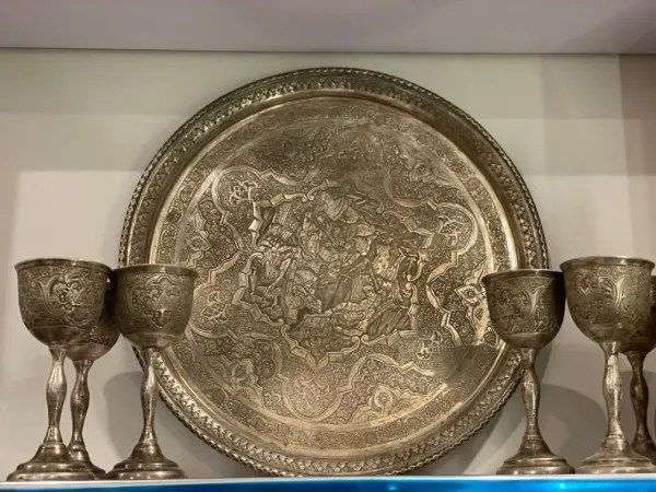 Antique Hand-Engraved Vine Set — Serving Tray & 6 Footed Goblets